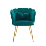 Modern velvet armchair, comfortable upholstered with petal back, gold-plated metal legs and butterfly cushion