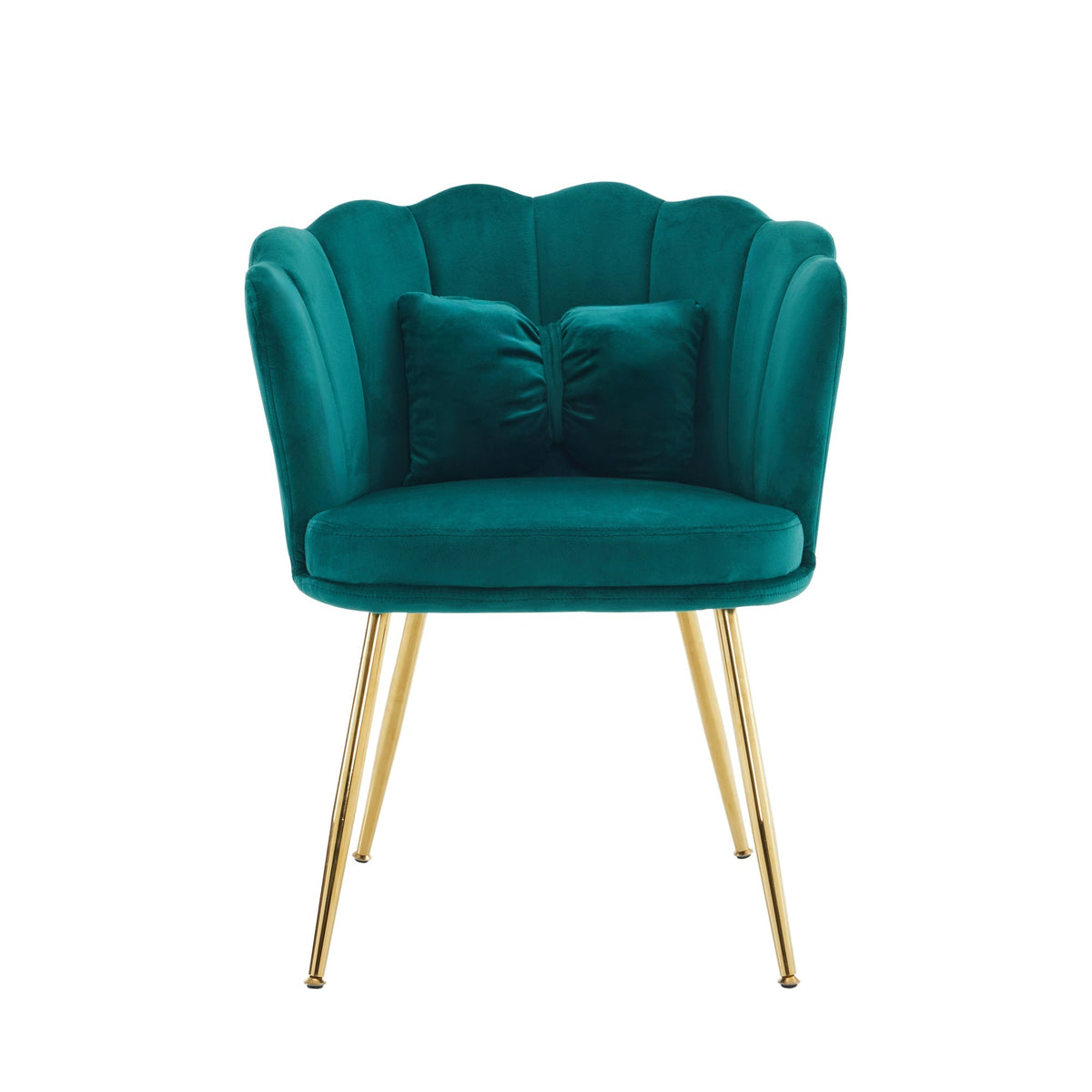 Modern velvet armchair, comfortable upholstered with petal back, gold-plated metal legs and butterfly cushion