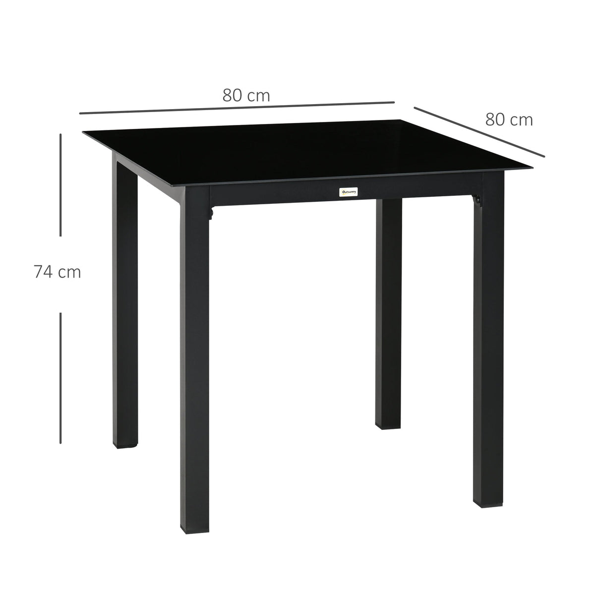 Square Garden Table 80x80cm, 4-Person Tempered Glass Top, Black Aluminum