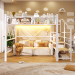 Loft Bed 140x200cm with LED Lights & Storage - White Metal
