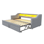 Upholstered Bed Pull-out Sofa Bed 90/180 x 190 cm with Storage, LED, USB, Slatted Frame, Light Grey