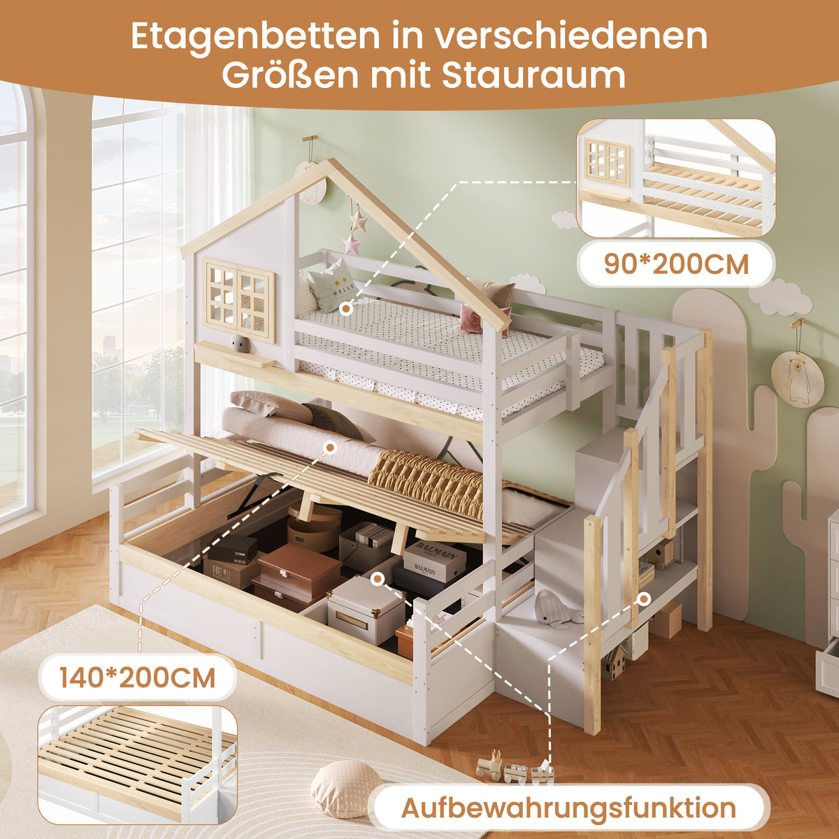 Bunk Bed 90/140x200cm with Storage Ladder & Rail, White + Natural