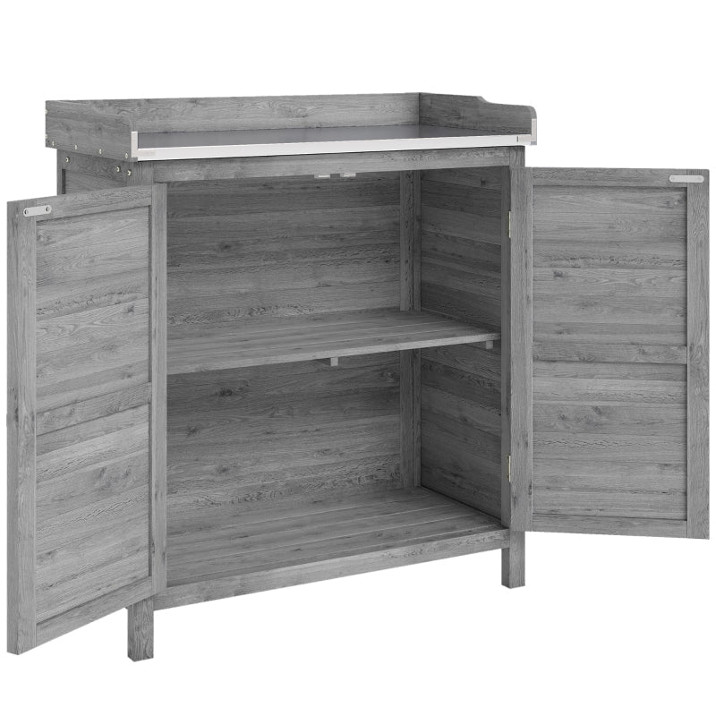 Garden Cabinet Tool Shed Potting Table Galvanized Worktop 2 Shelves - Grey