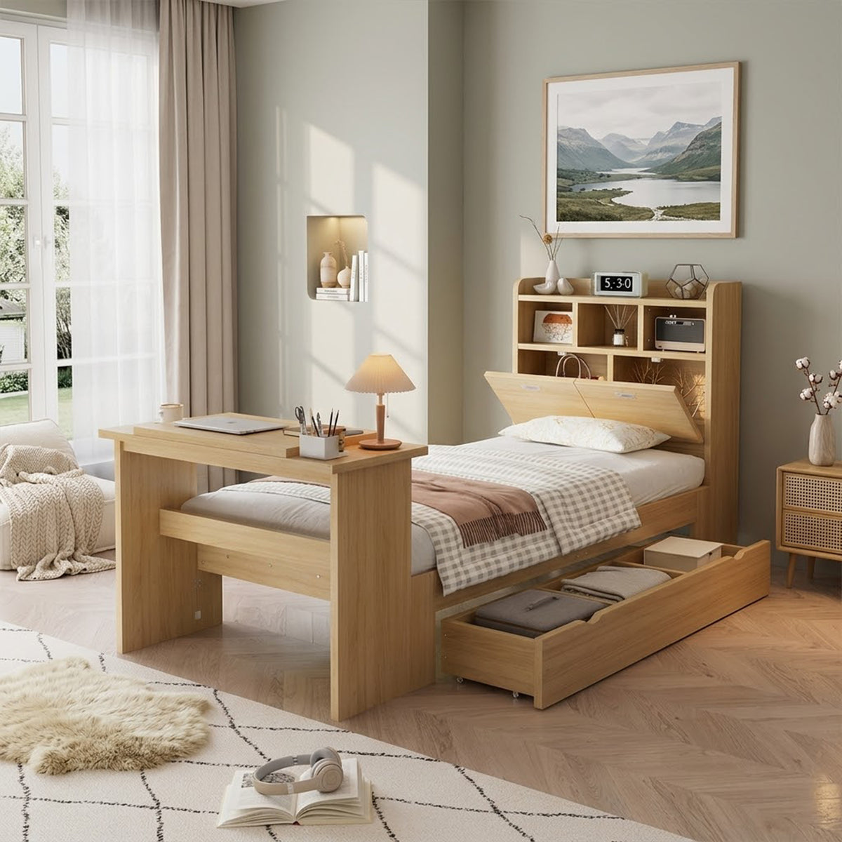 Children's Single Bed 90x200cm with Drawer & Table, Natural Wood