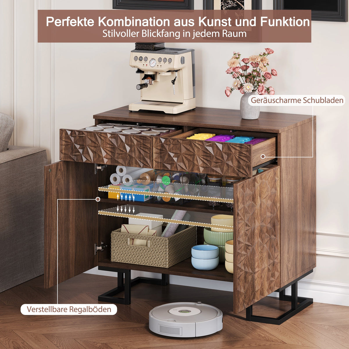 Sideboard/Chest of Drawers, 80×40×78cm, 2 Doors & 2 Drawers, Leaf Relief, Dark Walnut Look