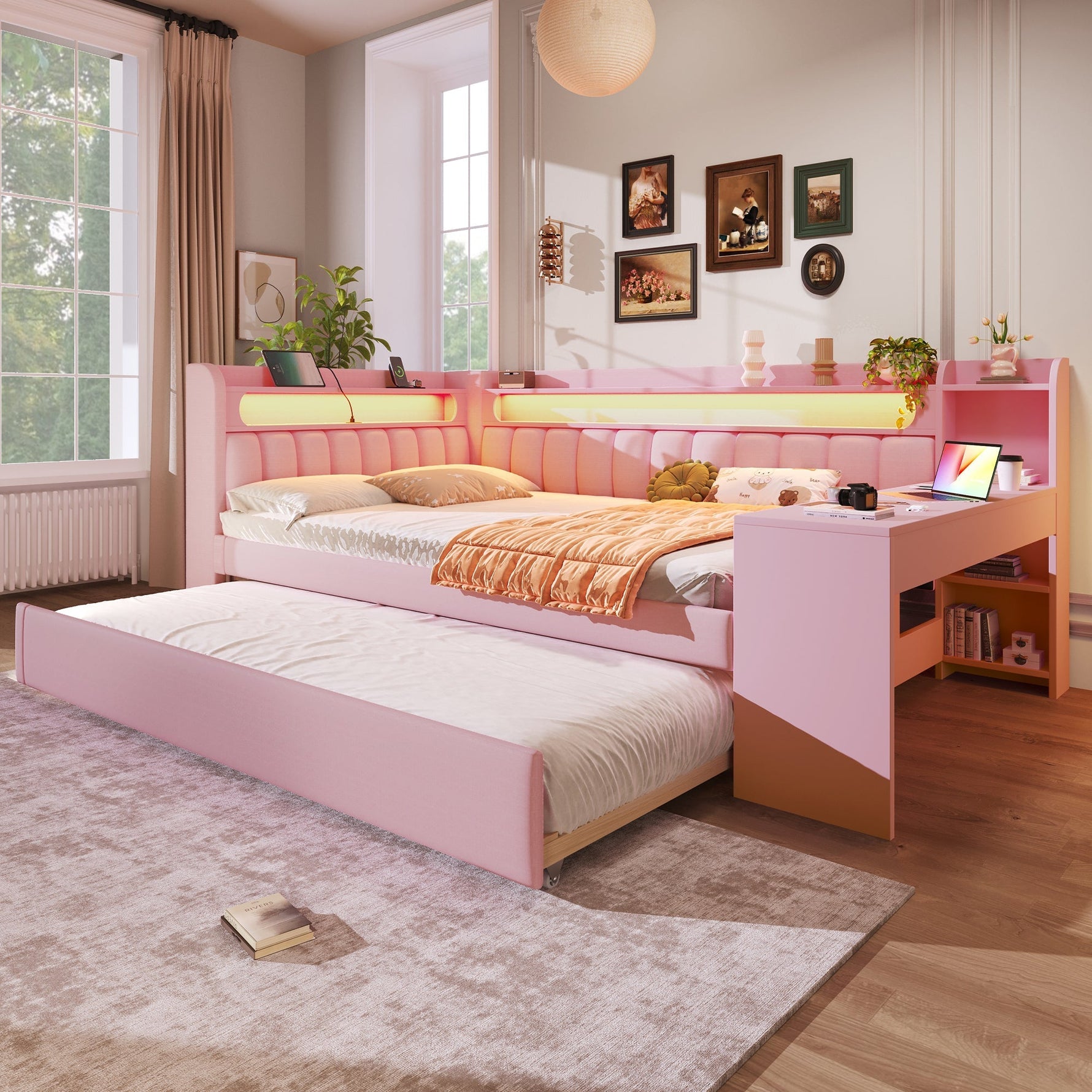 Upholstered Daybed with USB Ports, LED, Pull-out Bed and Desk, 140x200, Pink