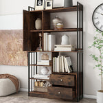 Bookcase, 6-Shelf Industrial Bookcase with Doors & Drawers, Floor to Ceiling, Antique Brown Steel