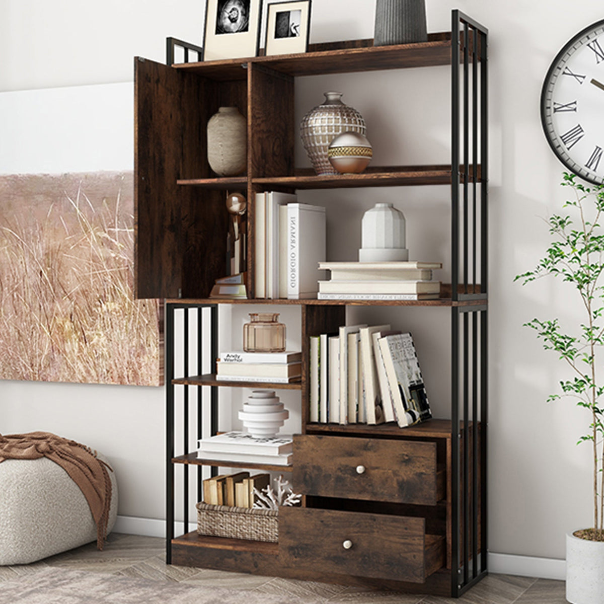 Bookcase, 6-Shelf Industrial Bookcase with Doors & Drawers, Floor to Ceiling, Antique Brown Steel