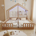 Wooden House Bed 90x200cm Freestanding LED Storage Shelves Wood Color