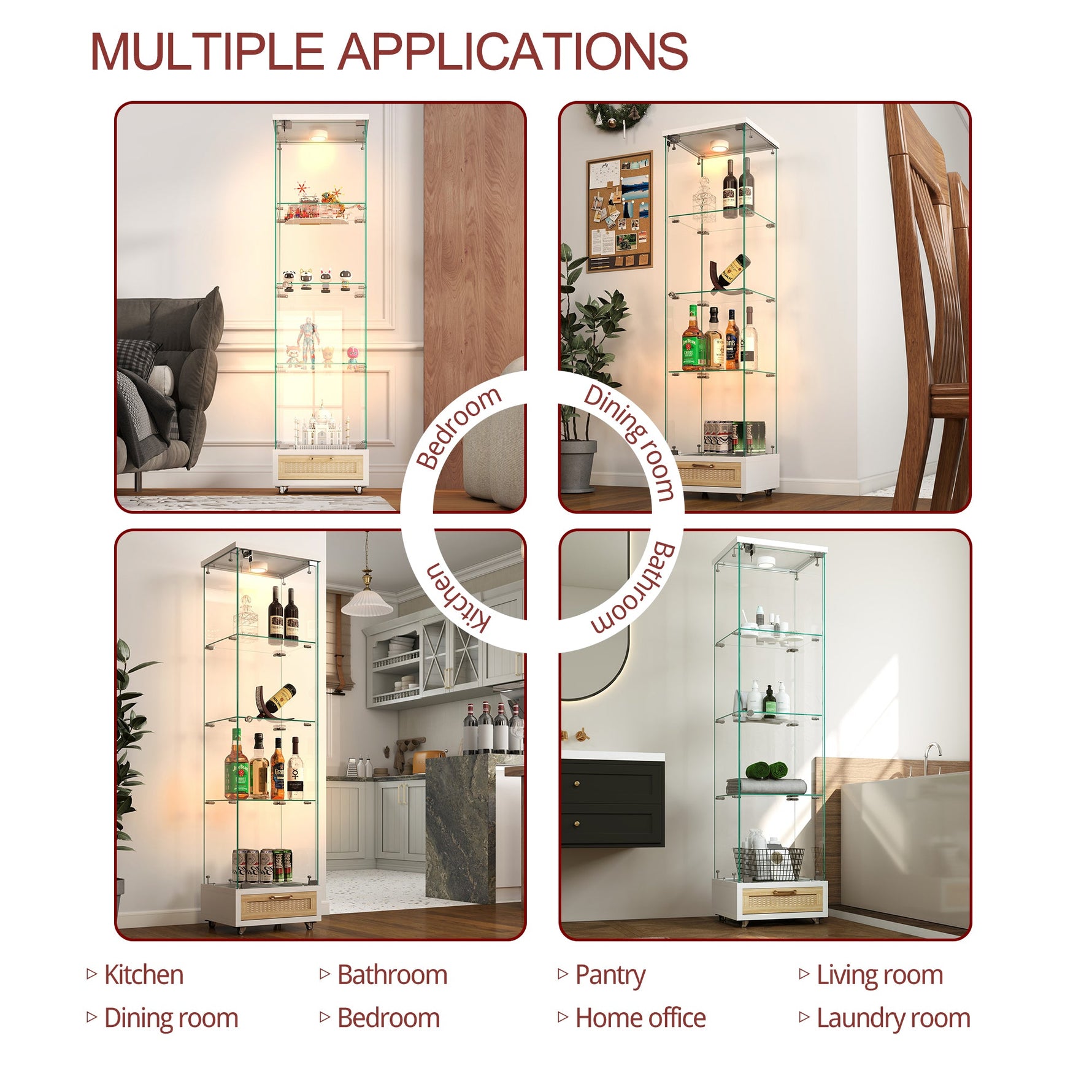 Modern Glass Display Cabinet LED Lights Drawers 4 Shelves - White
