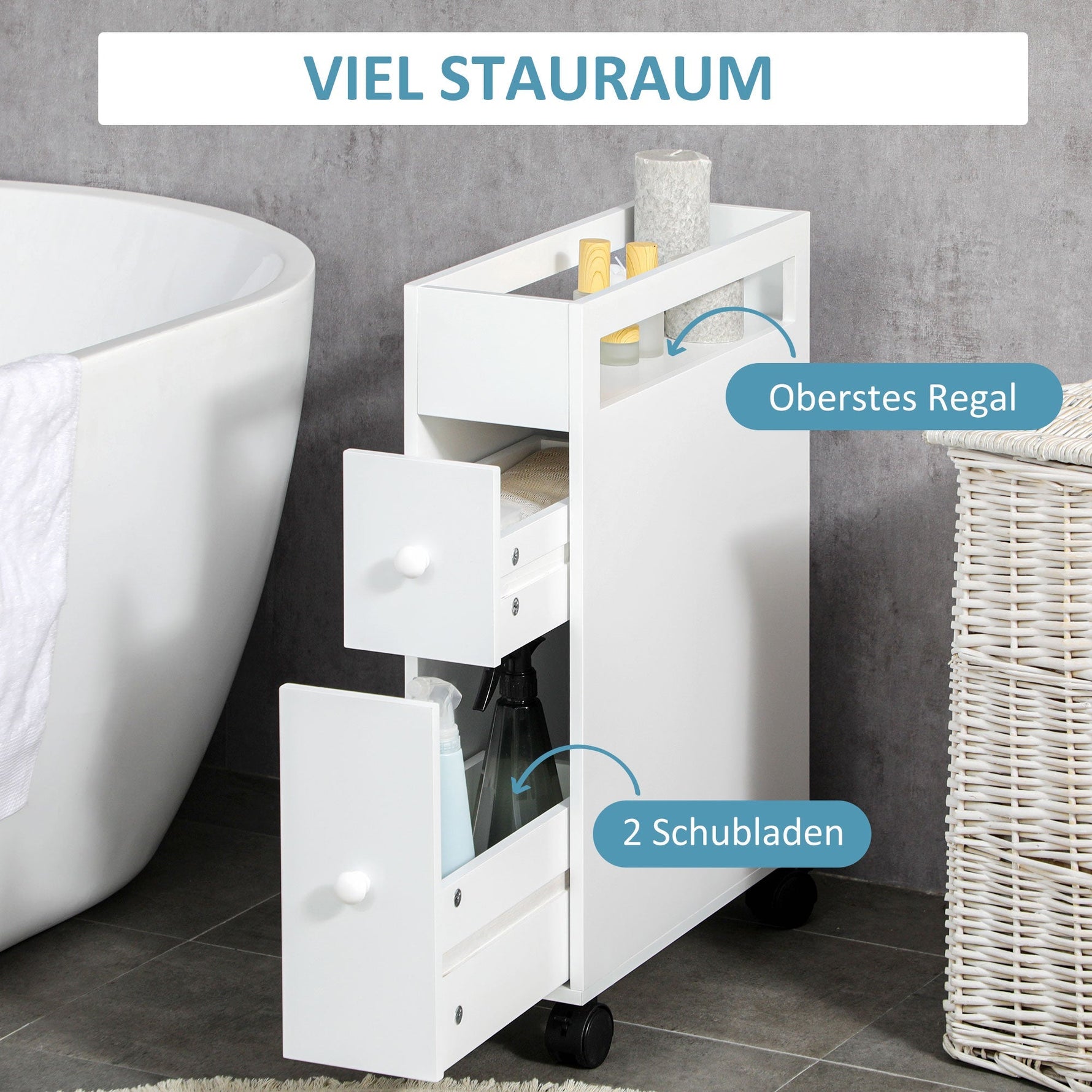 Bathroom Cabinet Niche Trolley with Wheels 2 Drawers Open Compartment, White