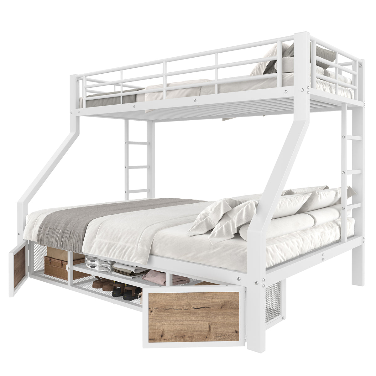 Children's Bunk Bed with Storage & Shoe Cabinet, White