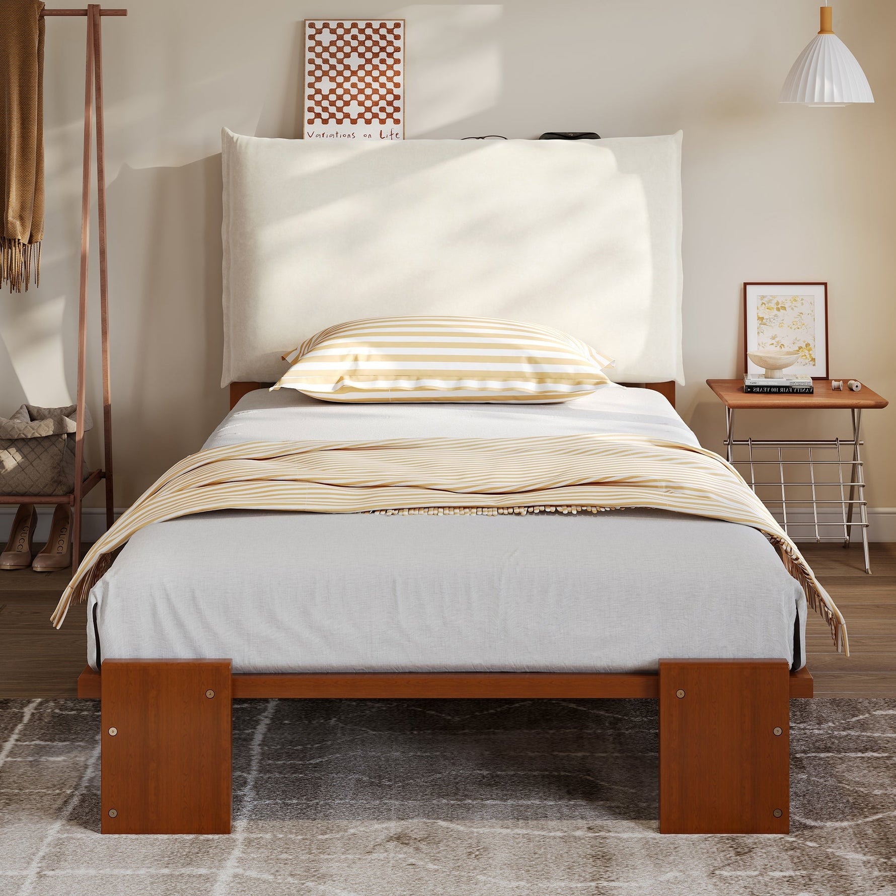 Upholstered Single Bed with Padded Headboard and Slatted Base, Dark Brown