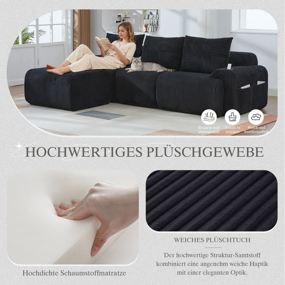 3-Seater Modular Sofa with Ottomans, Cup Holders and Storage, Black Corduroy