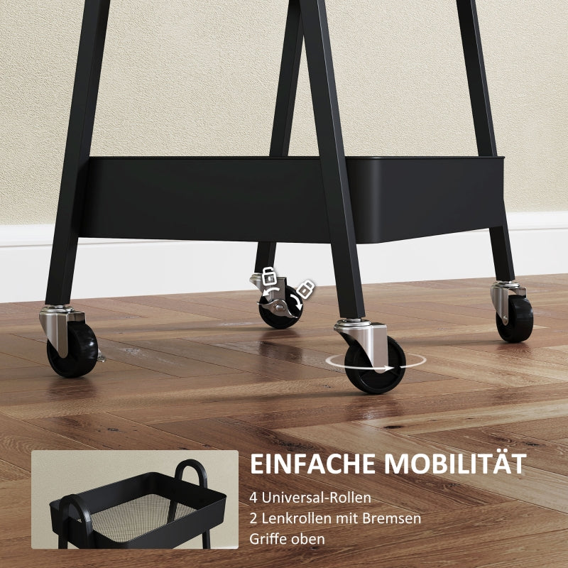 Serving Cart with 3 Levels, Wheels & Brake, Black