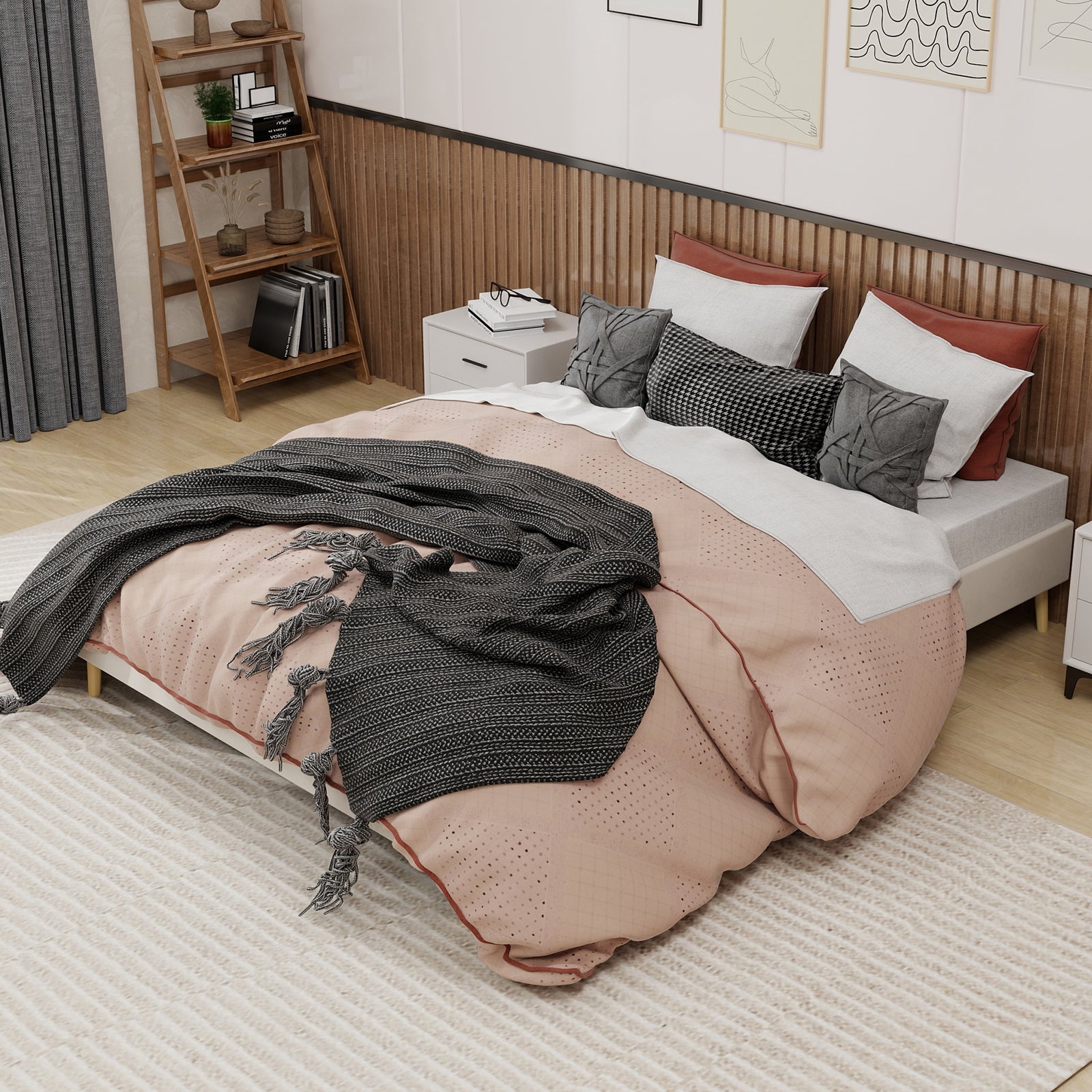 Modern Minimalist Bed Frame 160x200cm Low Box Dutch Velvet Beige