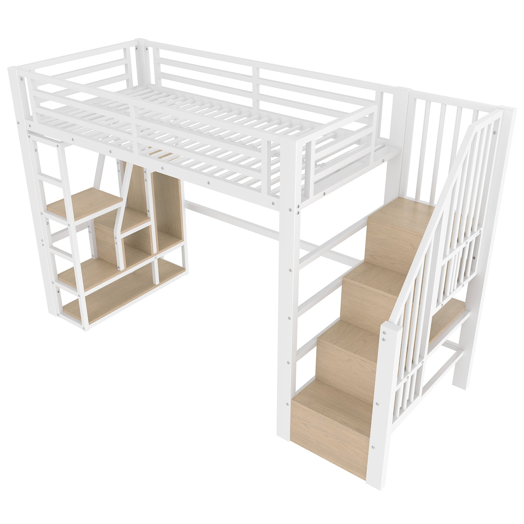 Loft Bed with Storage Steps, LED Lights and Iron Frame, 90 x 200 cm, White
