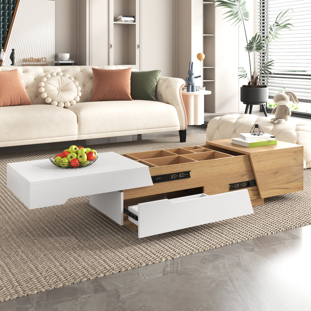 Extendable Coffee Table, Living Room Side Table with Drawers, Color Block Structure