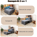 Upholstered Sleeper Sofa 3-in-1 Multifunctional Adjustable LED USB Ports Linen Fabric