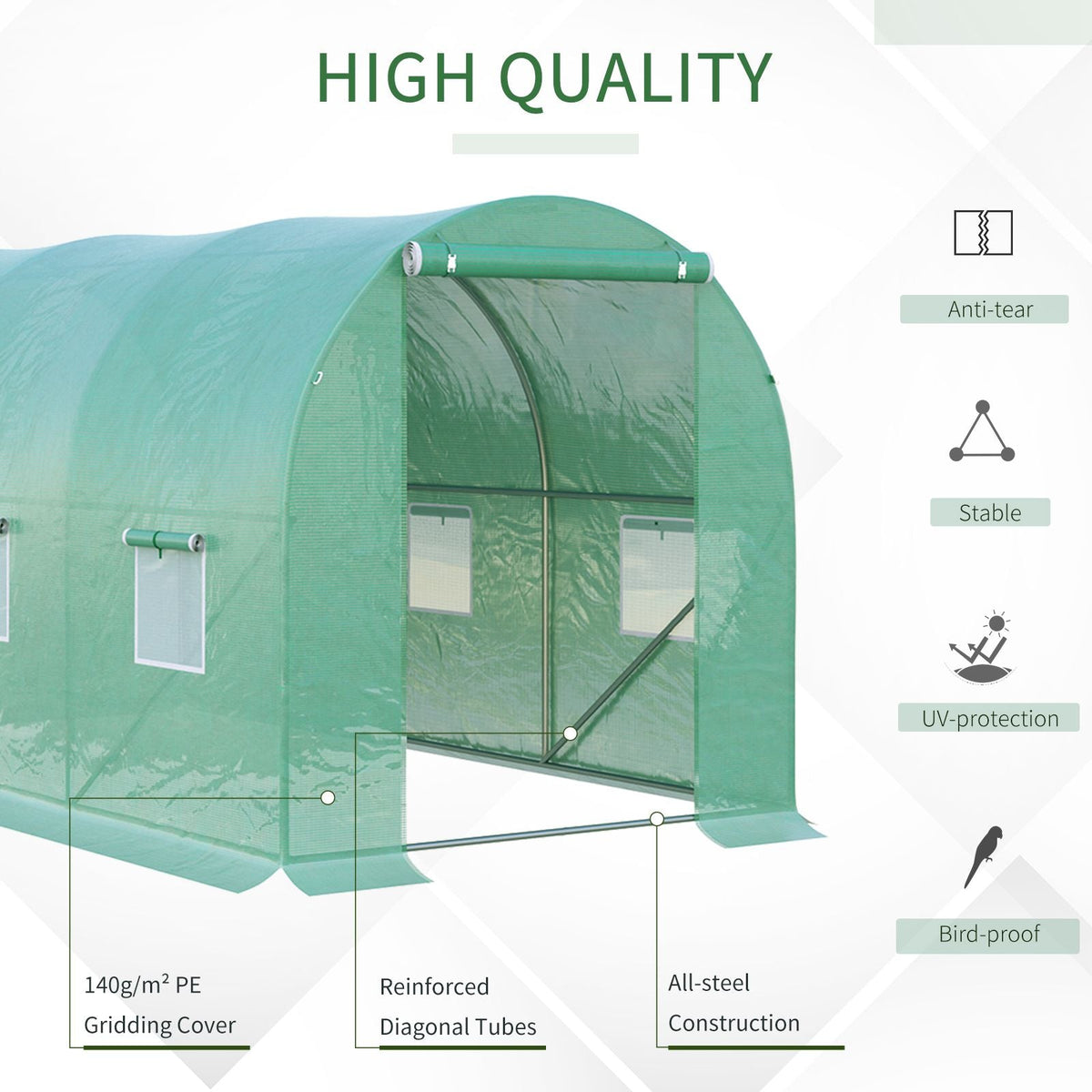 Polytunnel Tomato Greenhouse, 6 Mesh Windows Round Arched, Green
