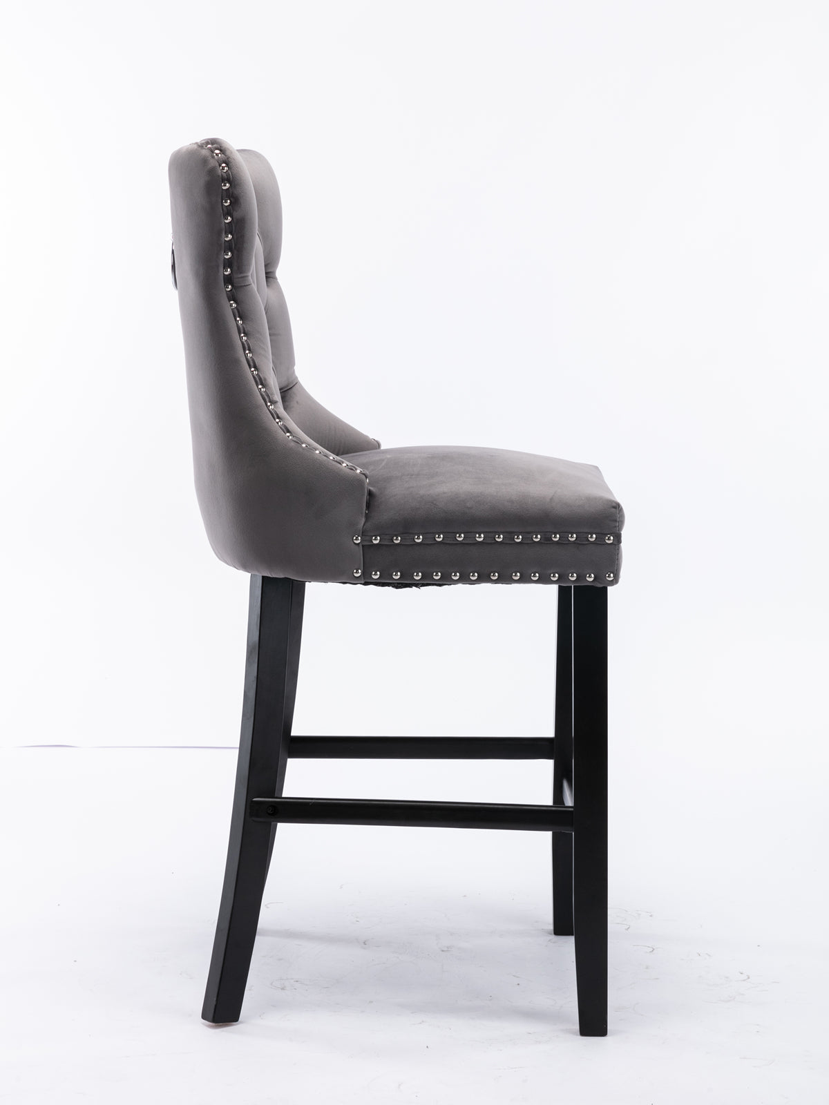 Contemporary Velvet Upholstered Barstools Set of 2 with Button Tufting & Wooden Legs, Gray