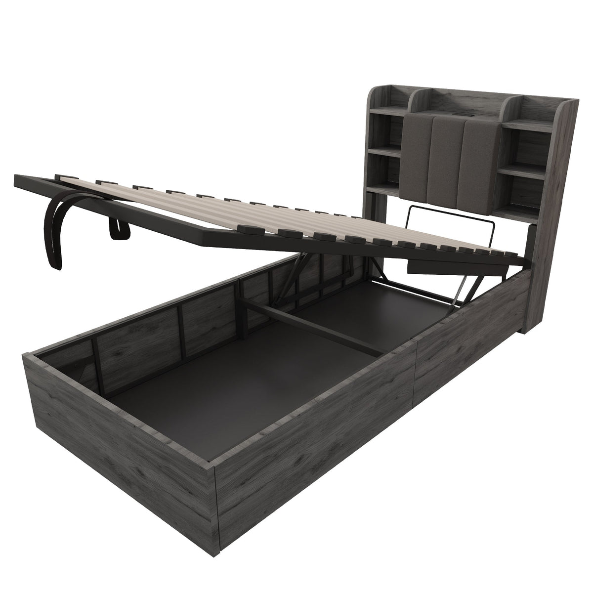 Wooden Bed, 90x200 cm Hydraulic with Storage & USB/Type-C, Grey