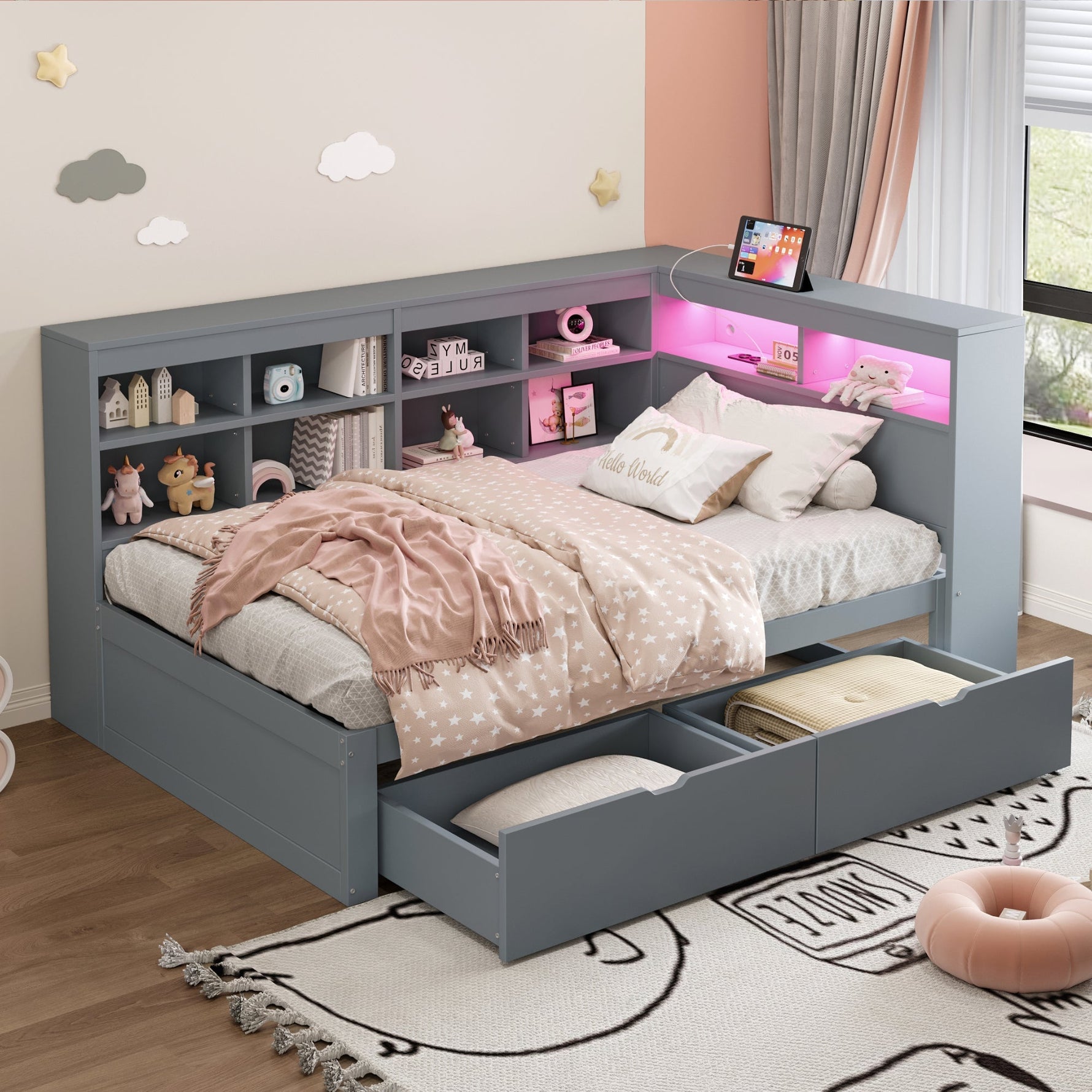 Solid Wood Sofa Bed 90x200cm Multifunctional Storage USB LED Grey