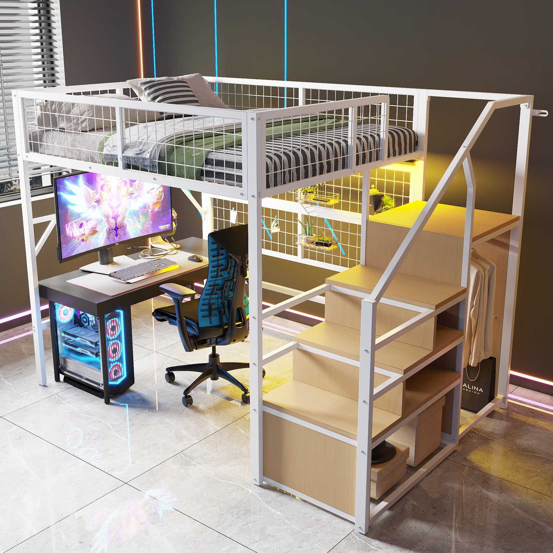 Loft Bed, 140x200 with LED Light Strips & Storage Stairs, Metal White