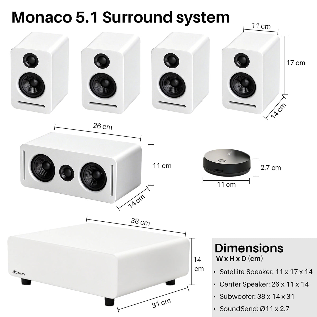 5.1 Wireless Home Cinema System Dolby Atmos WISA Low Latency Monaco Surround Set - White