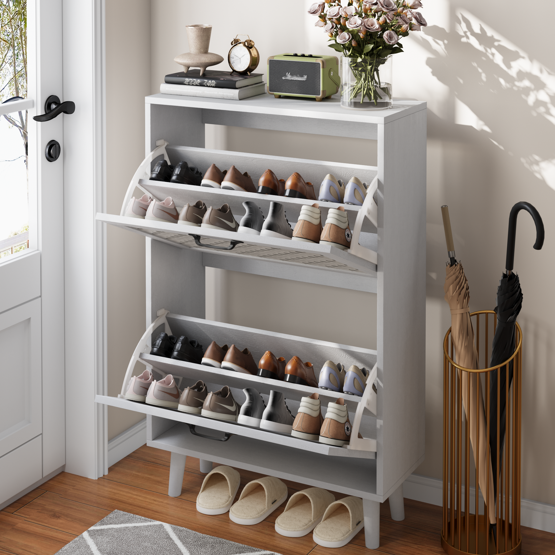 Shoe Storage Cabinet, Rattan Drawers Solid Wood Legs Narrow Slim, Handmade