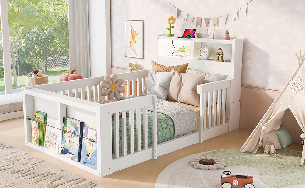 Wooden Single Bed 90x190cm with USB, Light & Storage, White