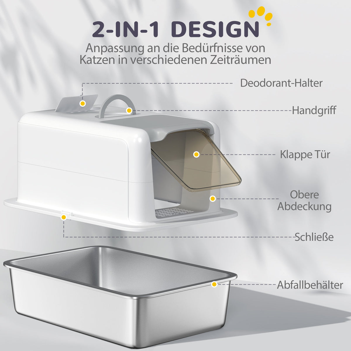 Cat Litter Box with Lid, Built-in Filter, Stainless Steel, White