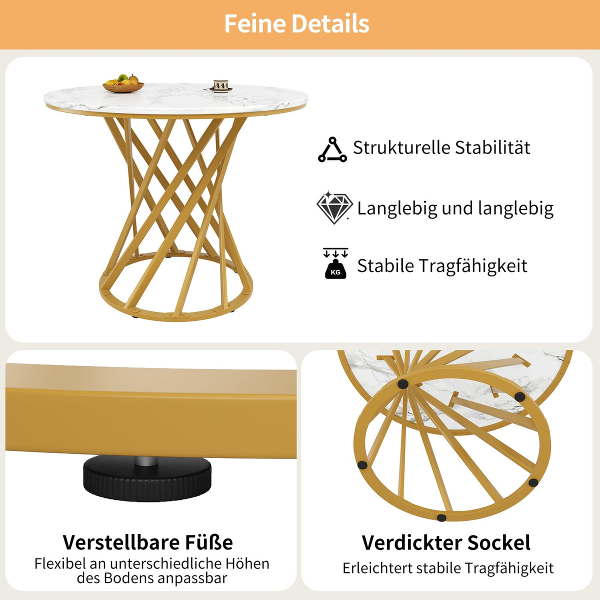Round Dining Table 80cm for 4 Marbled MDF Top Metal Legs Gold