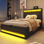 Upholstered Bed 90x200 Hydraulic Storage USB LED Light Strip, Grey Linen Single Bed