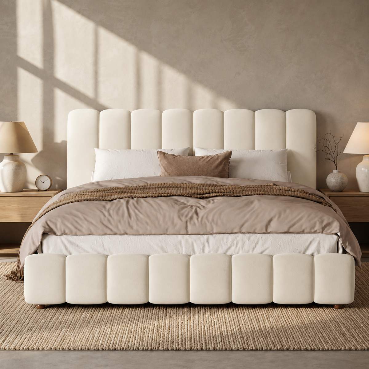 Upholstered Double Bed 160x200cm with Storage, Beige Velvet