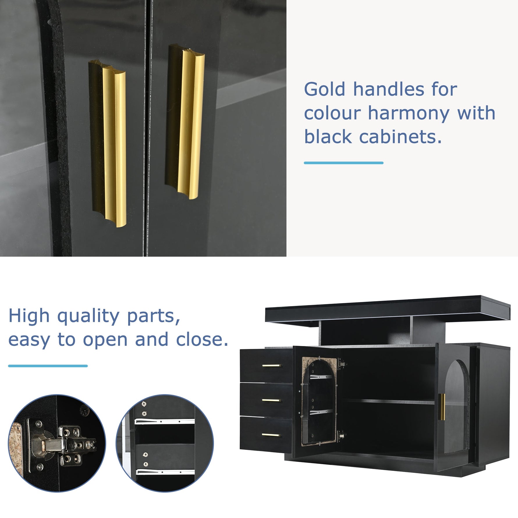 LED Sideboard Buffet Cabinet with 16-Color Lights and 3 Drawers, Black