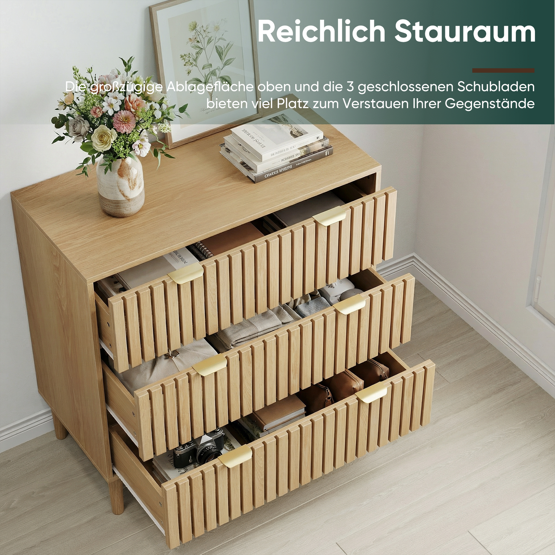 Modern Chest of Drawers, 3 Drawer Medieval Country Style Storage Cabinet for Bedroom and Living Room, Oak Wood