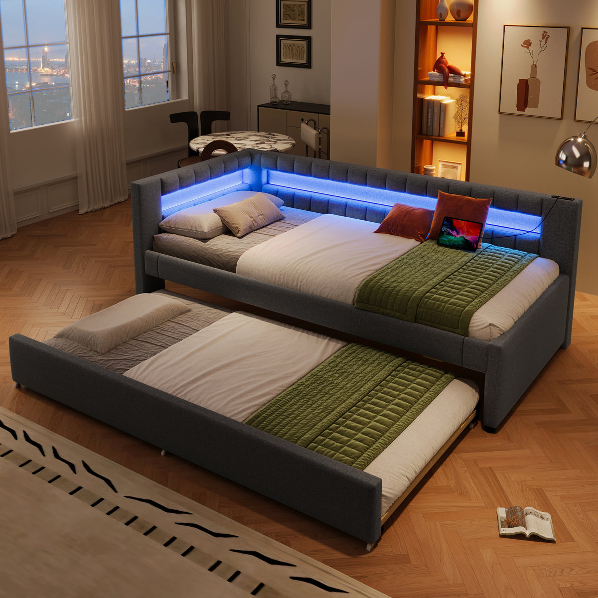 Daybed Sofa Bed 90x200cm with Trundle & LED, Grey Linen