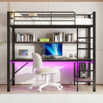 Loft Bed with Desk, LED Lights, USB and Power Outlet, Black Metal