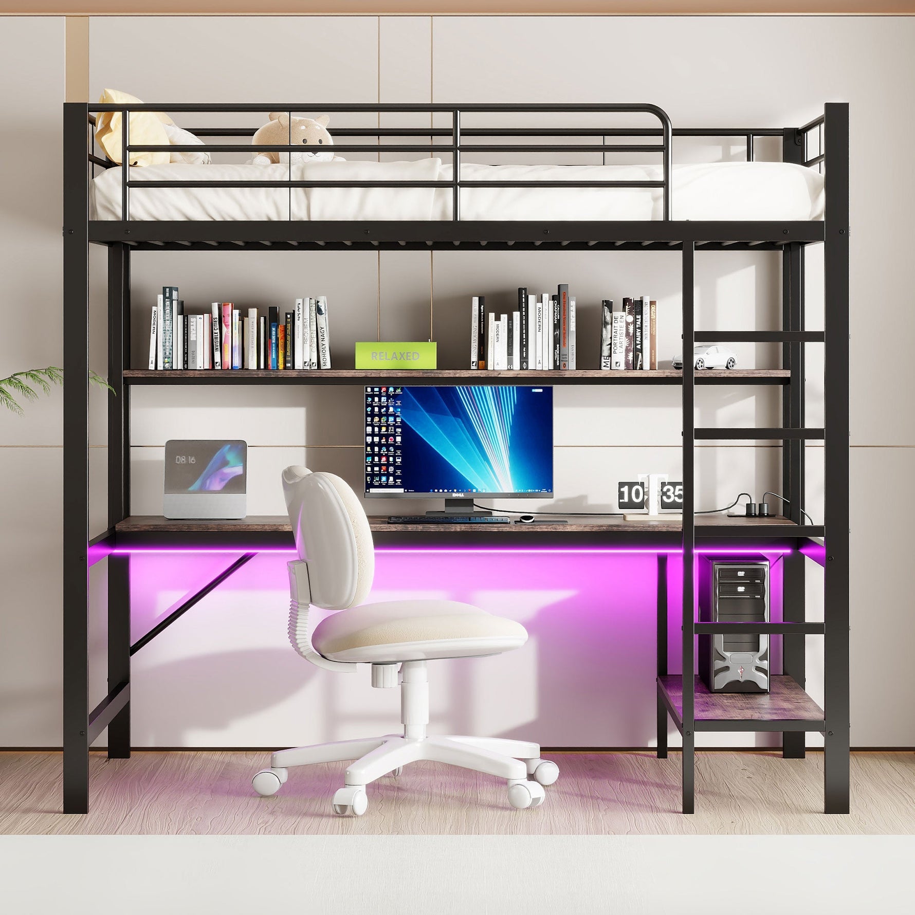 Loft Bed with Desk, LED Lights, USB and Power Outlet, Black Metal
