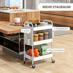 Rolling Cart, 3 Tiers, 2 Hanging Baskets, Steel, White