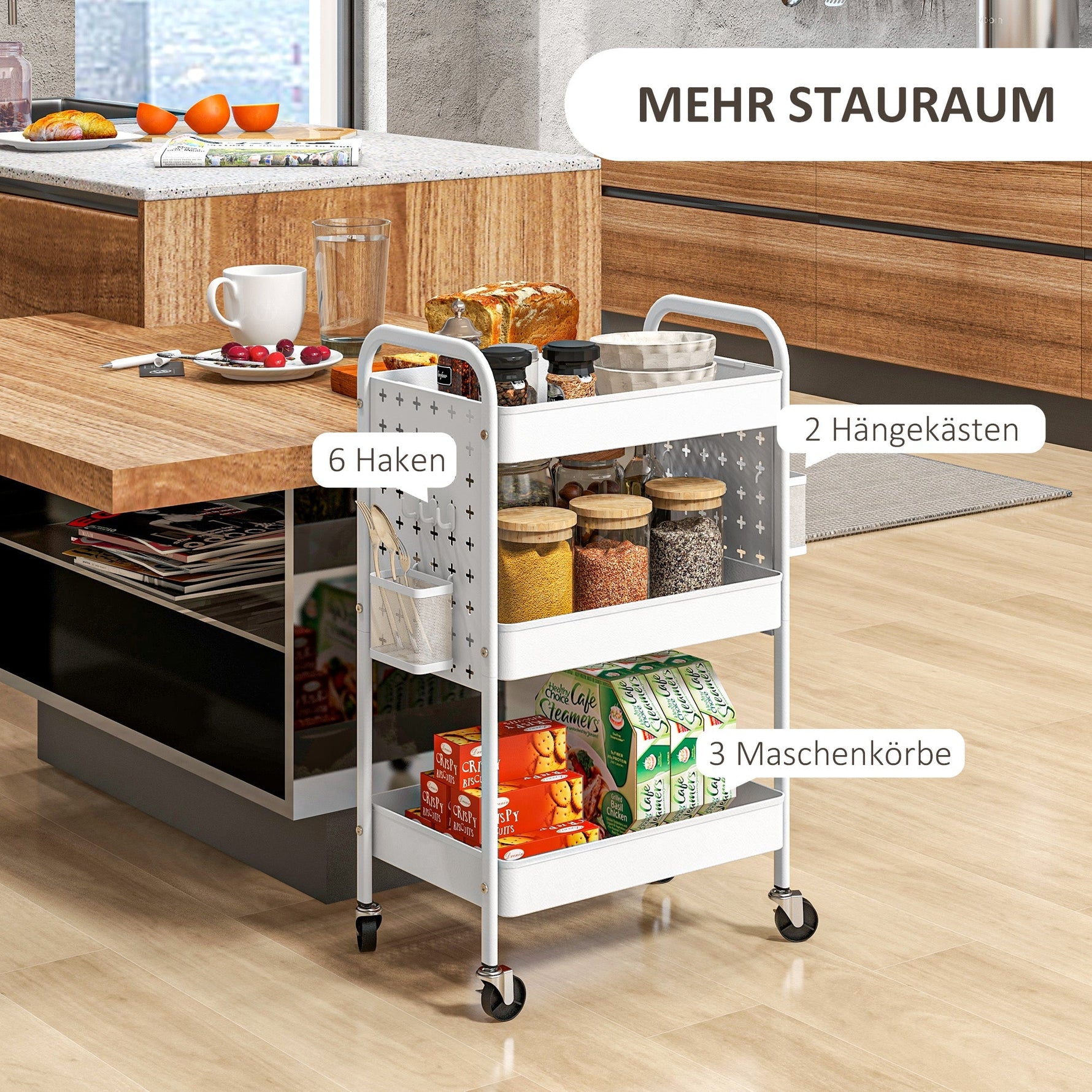 Rolling Cart, 3 Tiers, 2 Hanging Baskets, Steel, White
