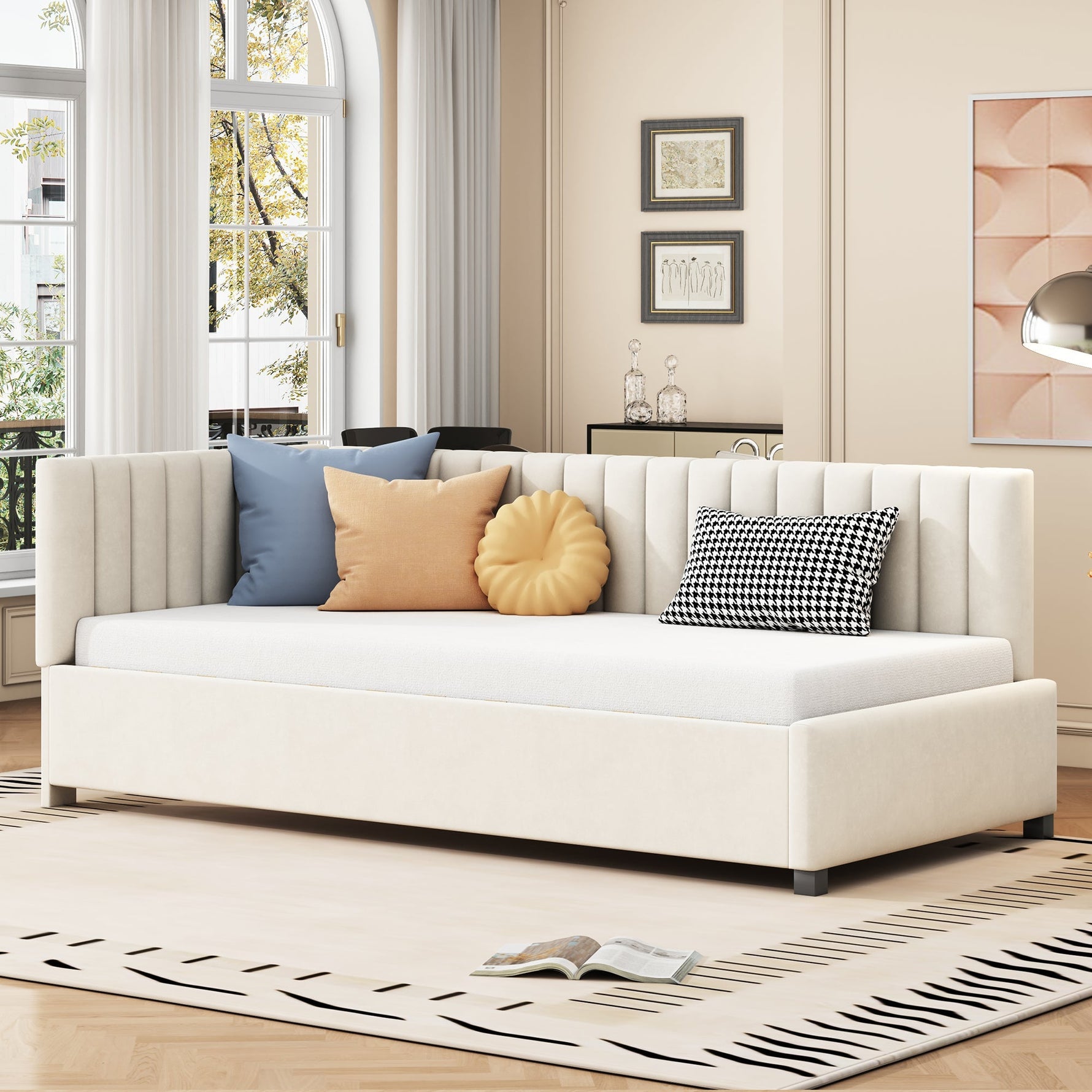 Upholstered Bed Sofa Bed, 90x200 Multifunctional with Slatted Frame, Beige Velvet Fabric