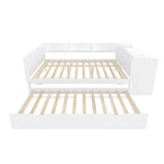 Wooden Flatbed Double Bed with Desk, Trundle and Shelves, White Pine and Chipboard