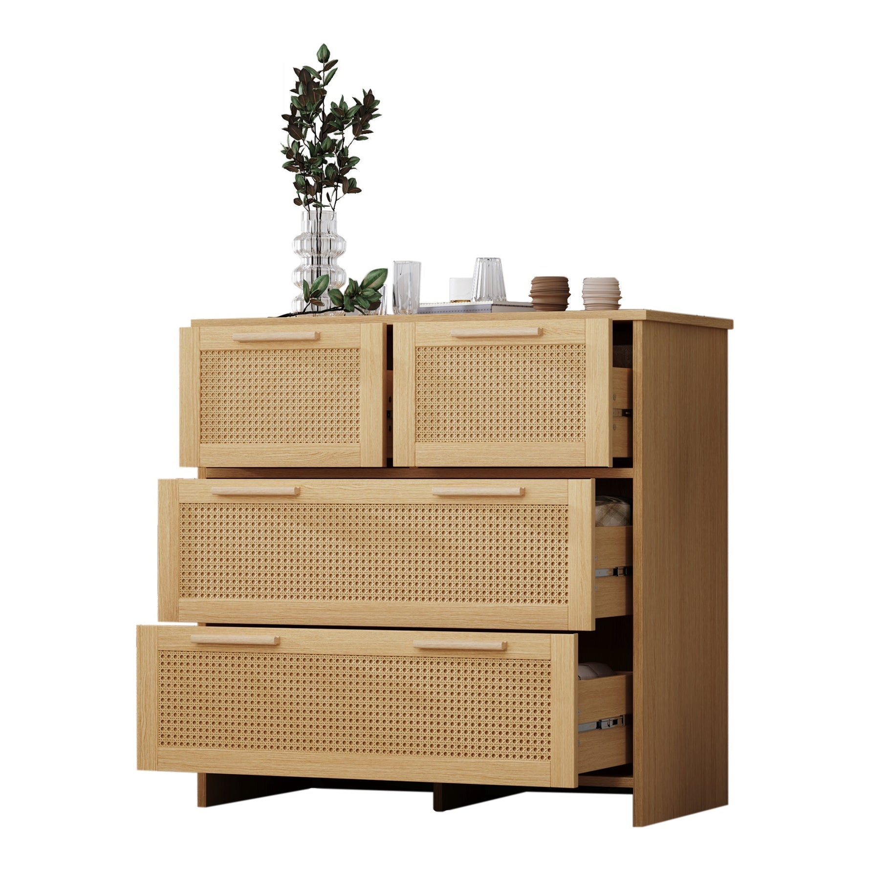 4-drawer rattan cabinet with solid wood handles - suitable for bedroom, living room, dining room, hallway, W80/H80/D38 cm.