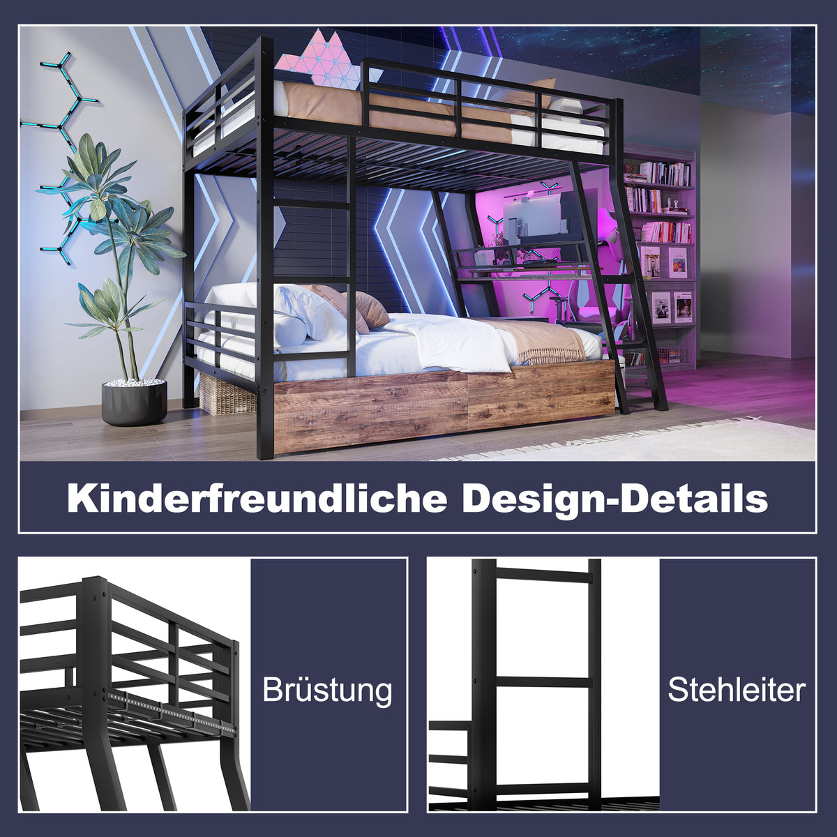Loft Bed 140x200cm with Desk, LED & Drawers, Black Iron