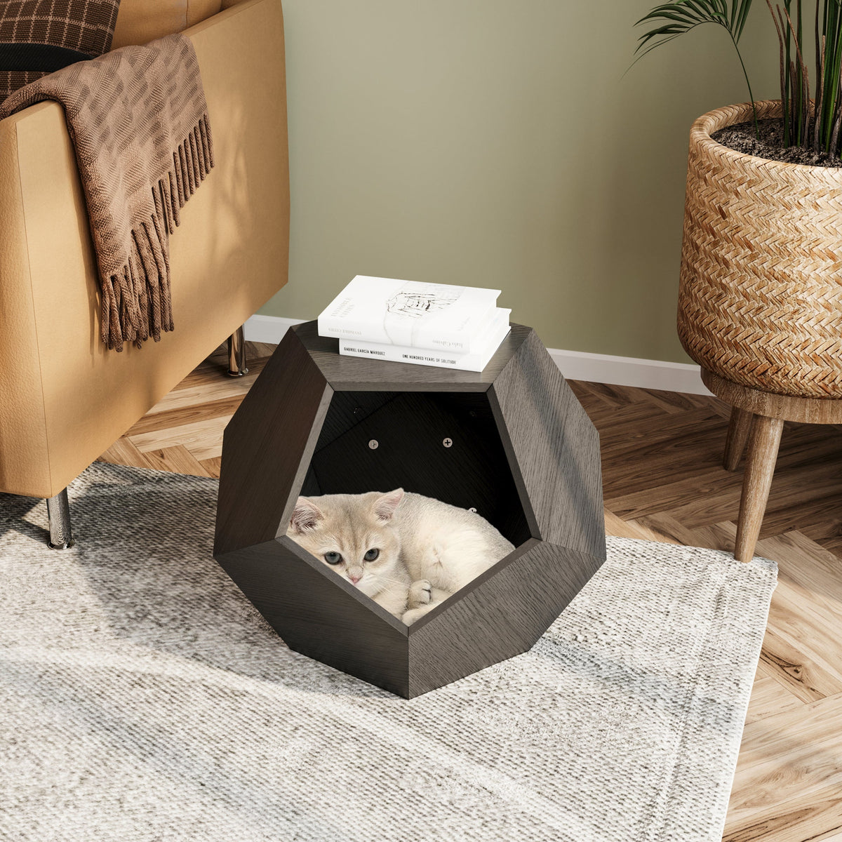 Modern Pet Furniture Cat Carrier Sofa Side Table Planter Multifunctional, MDF Black Brown