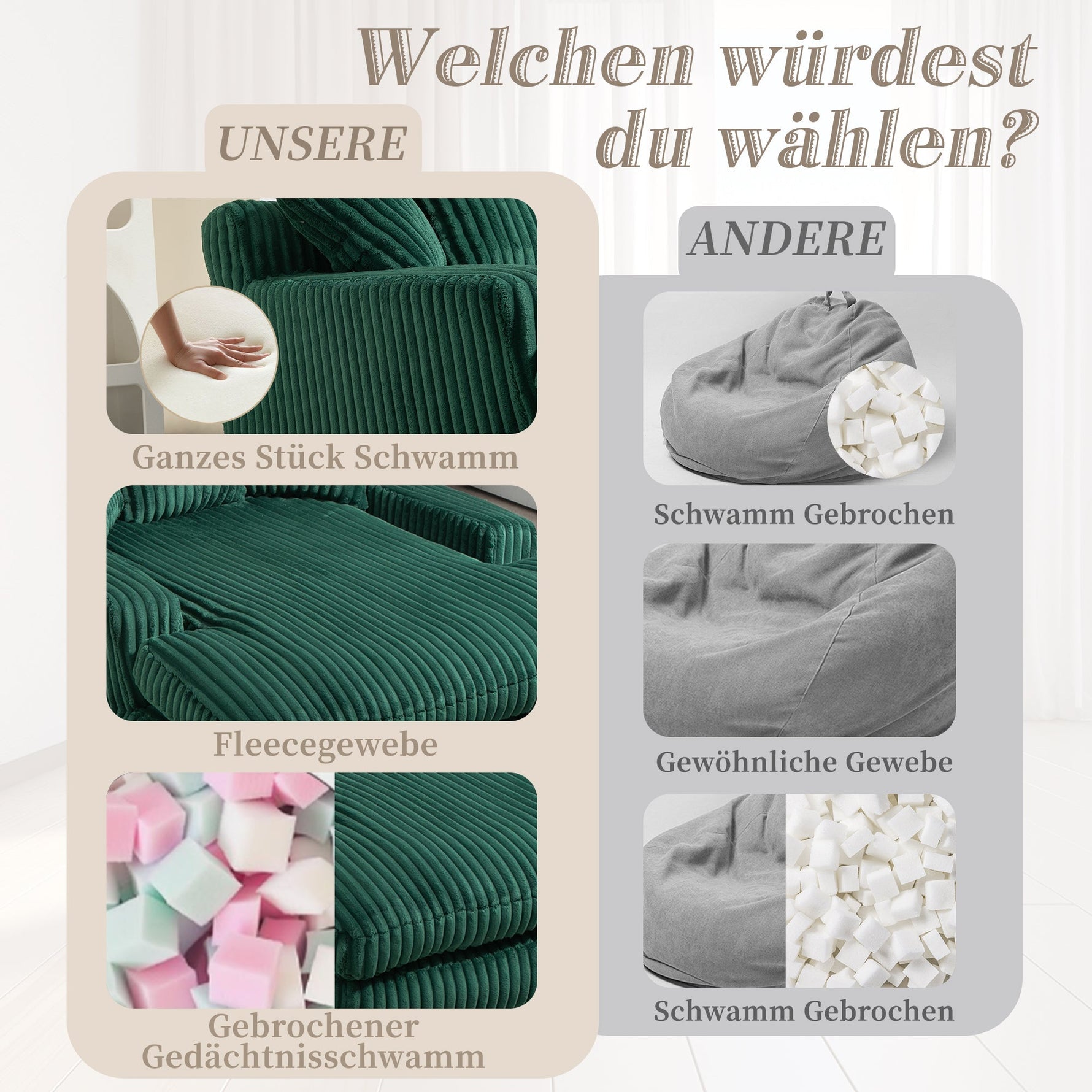 Sofa Bed, Cloud Couch with 3 Soft Pillows, Single Seat, Corduroy Emerald