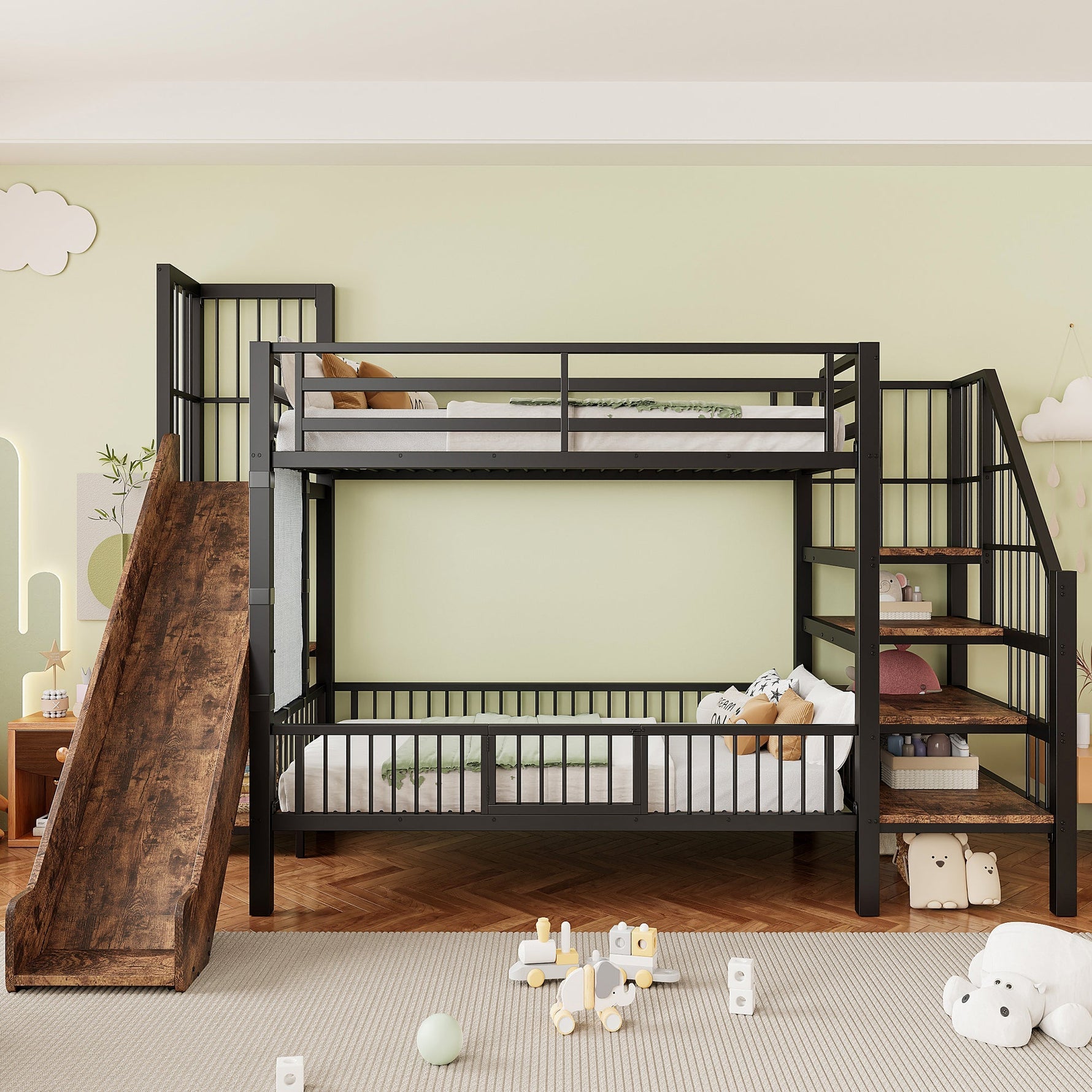 Children's Metal Loft Bed with Slide, Storage Stairs and Shelves, Black