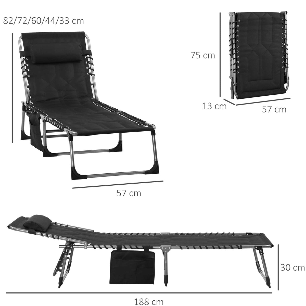 Foldable Sun Lounger with Cushion, 5-Position Adjustable Backrest, Steel Frame, Oxford Fabric Black
